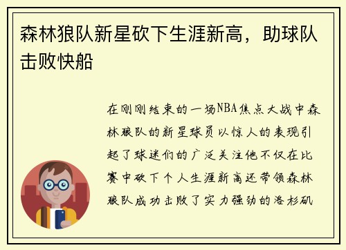 森林狼队新星砍下生涯新高，助球队击败快船