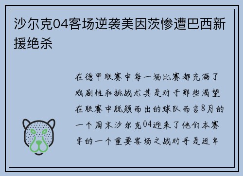 沙尔克04客场逆袭美因茨惨遭巴西新援绝杀