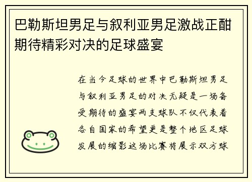 巴勒斯坦男足与叙利亚男足激战正酣期待精彩对决的足球盛宴